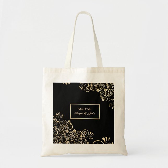 Tote Bag Élégant Chic Fleurs en Or, Cadre (Devant)