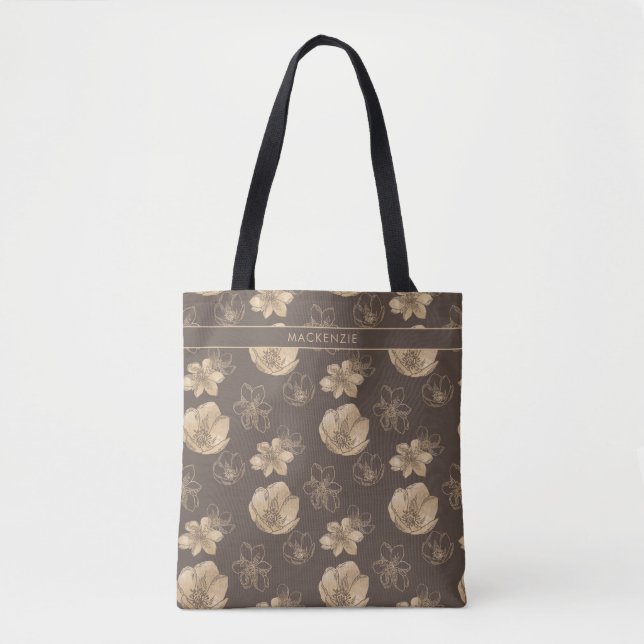 Tote Bag Élégant Chic Gold Foil Motif Floral Monogramme (Devant)