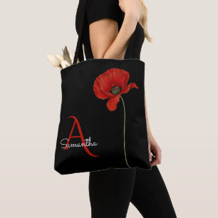 Tote Bag Élégant coquelicot rouge monogramme sur noir