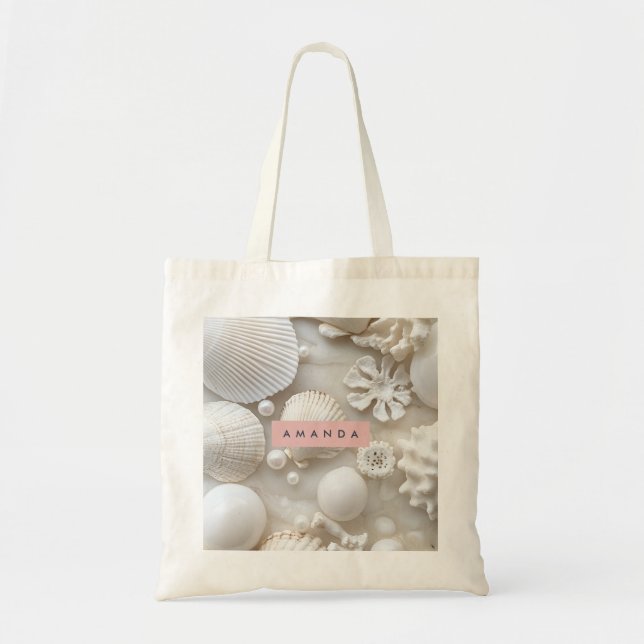 Tote Bag Elégant coquillage et perle blanc personnalisé (Devant)