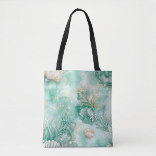 Tote Bag Elégant Corail Or & Coquillages Aquarelle Art