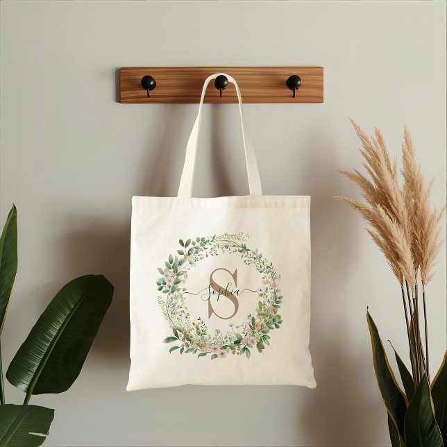 Tote Bag Elegant Custom Botanical Monogram with Name (Créateur téléchargé)