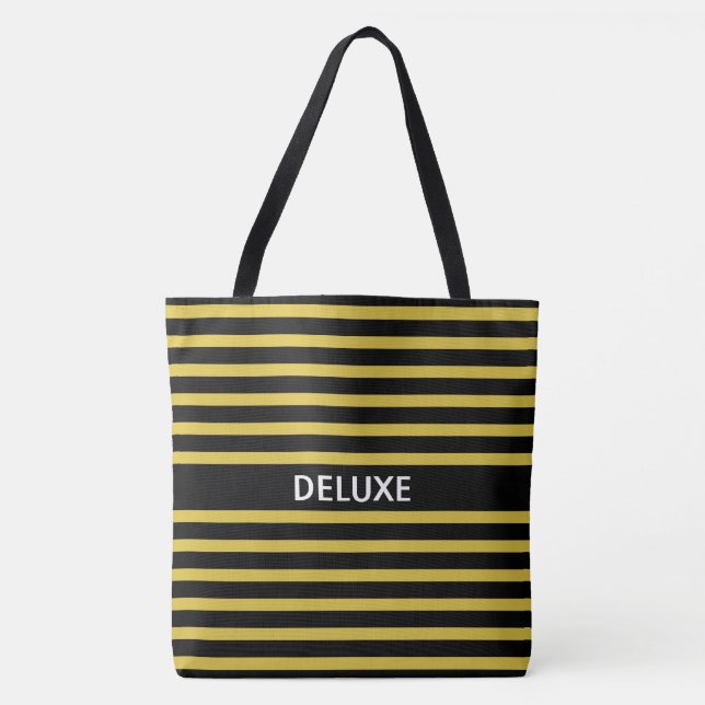 Tote Bag Elégant Deluxe sur Noir et Golden Striped (Devant)