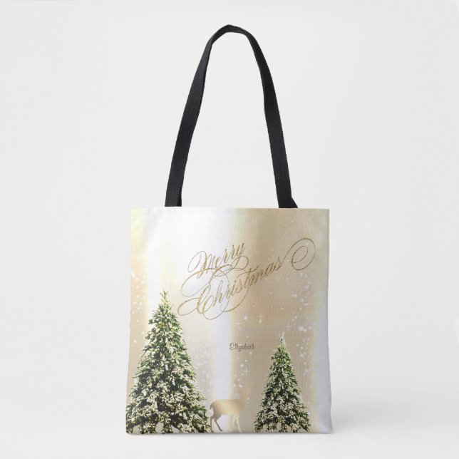 Tote Bag Élégant, Élégant Pin Trees, Reindeer de Noël (Devant)
