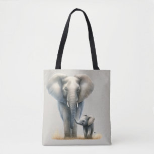 Tote Bag Élégant Éléphant d'Afrique et Bébé à l'Aquarelle 