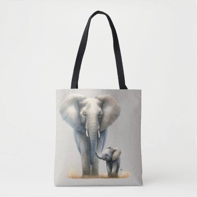 Tote Bag Élégant Éléphant d'Afrique et Bébé à l'Aquarelle  (Devant)