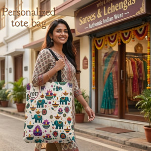 Tote Bag Élégant éléphant Diwali & motif personnalisé Diya 