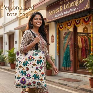 Tote Bag Élégant éléphant Diwali & motif personnalisé Diya
