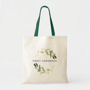 TOTE BAG ÉLÉGANT FAUX GOLD GREEN FOLIAGE WATERCOLOR WREAT