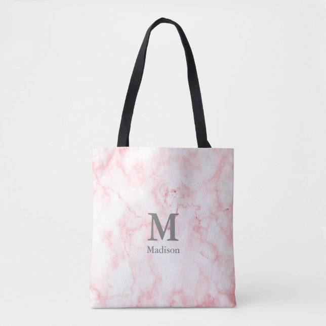 Tote Bag Élégant Faux Marbre rose Gris Initiales Monogramme (Devant)