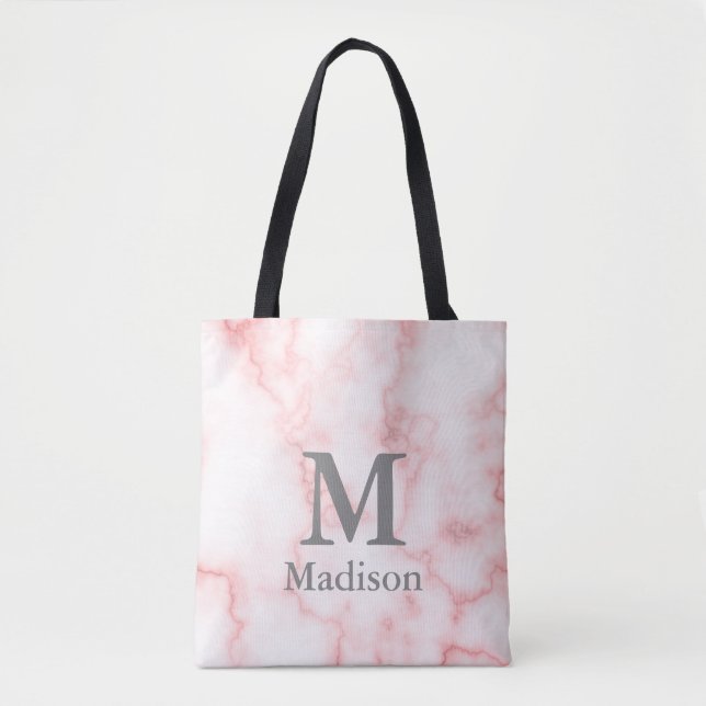 Tote Bag Élégant Faux Marbre rose Nom Monogramme Modèle (Devant)