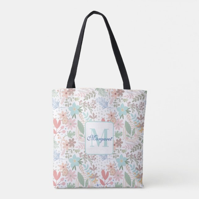 Tote Bag Élégant feuille florale bleu monogramme à thème (Dos)