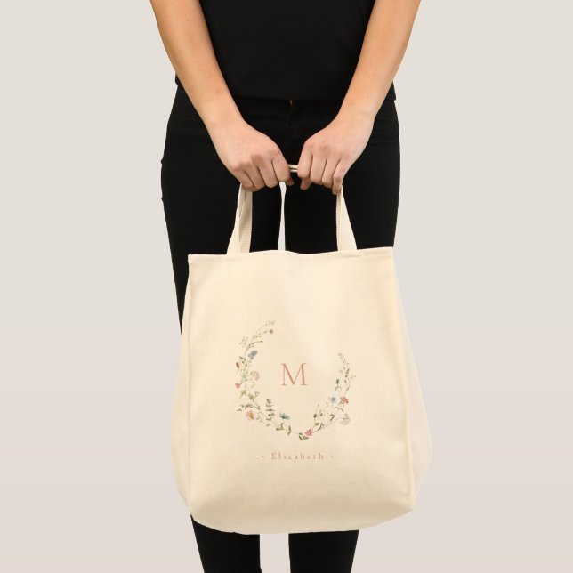 Tote Bag Élégant Fleur sauvage de Monogram Boho Wreath Brid (Devant (produit))