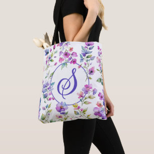 Tote Bag Élégant fleurs sauvages d'aquarelle rose violet