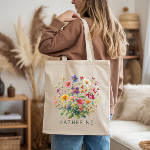 Tote Bag Élégant floral aquarelle demoiselle d'honneur nom 