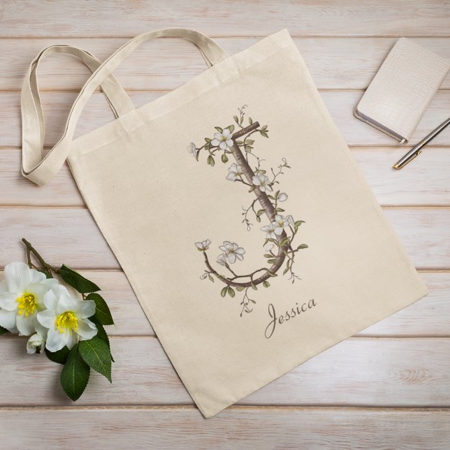 Tote Bag Élégant floral 'J' Monogramme botanique Nom person (Créateur téléchargé)