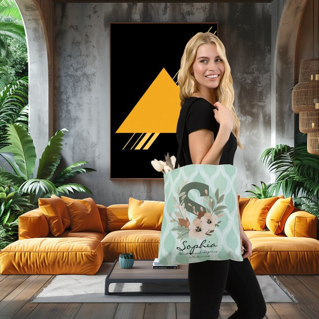 Tote Bag Elegant Floral Monogram – Mint Green Botanical Art (Créateur téléchargé)