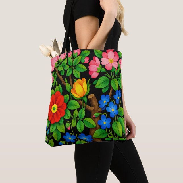 Tote Bag Élégant floral noir  (De près)