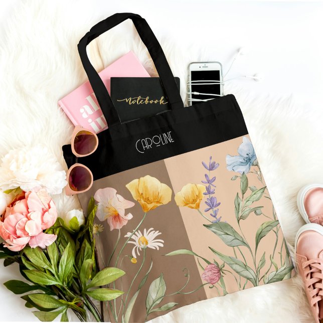 Tote Bag Élégant floral noir printemps beige marron tendanc (Créateur téléchargé)