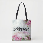 Tote Bag Elegant Floral Pink Roses Bridesmaid Wedding<br><div class="desc">This beautiful wedding tote bag is designed specially for you to gift to your bridesmaids. It is designed as a part of our Pink Roses Wedding Suite with a bold yet classic design of pink roses & peony buds over a pale blue or light teal background. The text is a...</div>