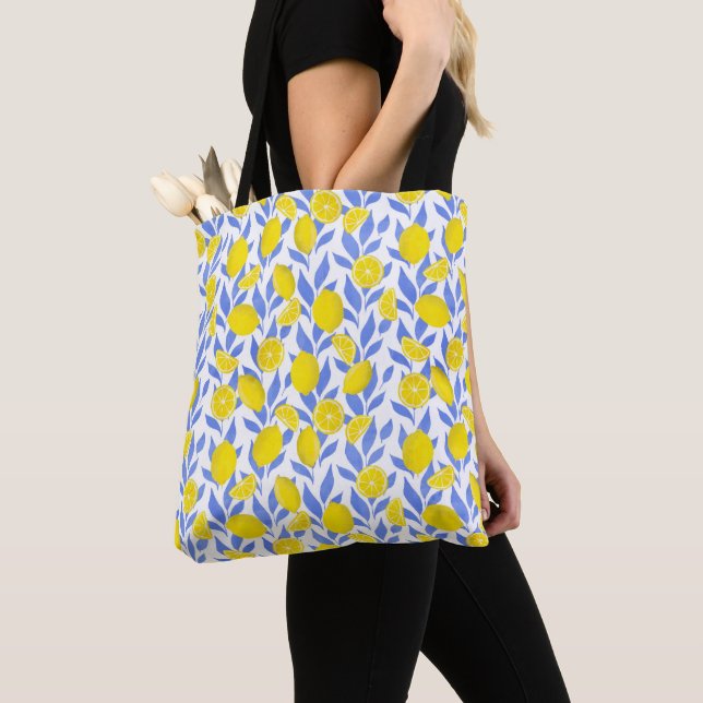 Tote Bag Elegant French Country Lemon Blue Botanical (De près)