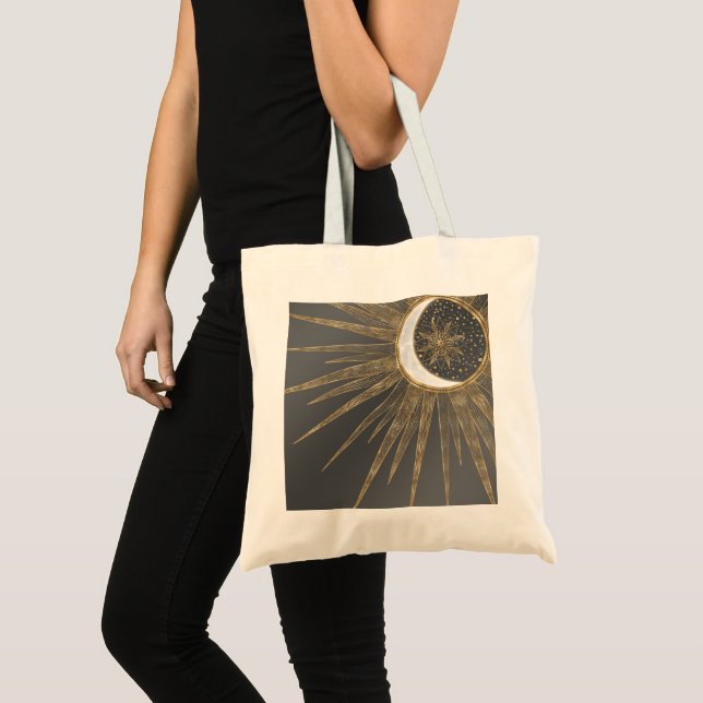 Tote Bag Elegant Gold Doodles Sun Moon Mandala Design (Devant (produit))