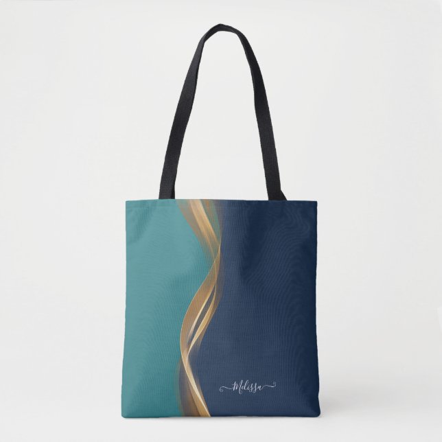 Tote Bag Elégant Gold Wave Blue Turquoise avec nom (Devant)