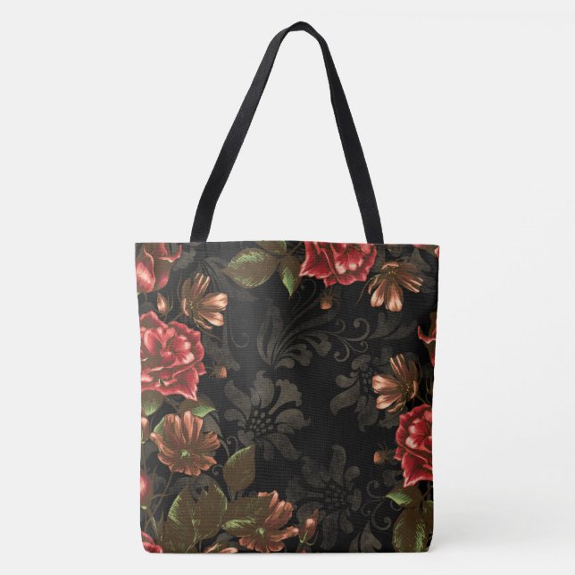 Tote Bag Élégant gravé noir Vintage floral (Devant)