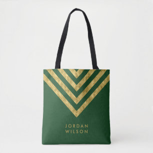 Tote Bag Elégant Green Faux Gold Nom Chevron Motif