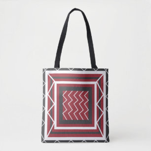 Tote Bag Elegant Gris Blanc Rouge Carré Chevron Rayure