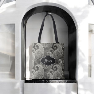 Tote Bag Élégant Gris Paisley Monogramme