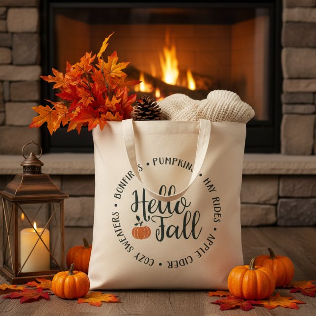 Tote Bag Élégant Hello Fall Classic Automne (Stylish Hello Fall Classic Autumn ToteBag: Pumpkins, Hay Rides, Apple Cider, Cozy Sweaters, Bonfires)
