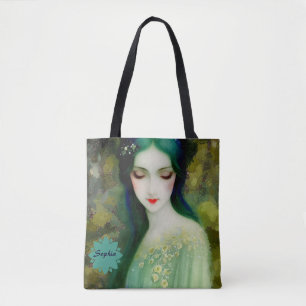 Tote Bag Élégant Imaginaire Portrait femme en vert et bleu
