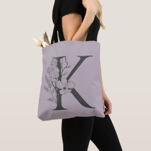 Tote Bag Élégant K Boho Floral Monogramme initial Lilac Gre