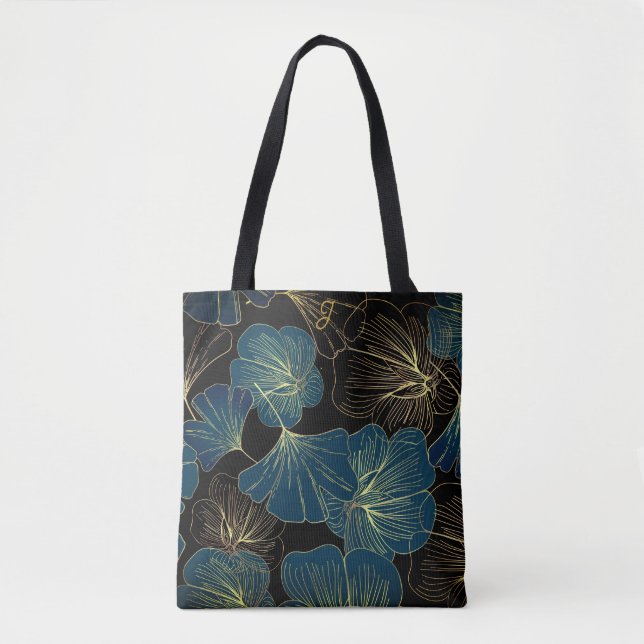 Tote Bag Elegant Leaves of Blue With Gold Lines Botanical (Devant)