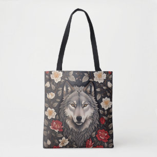 Tote Bag Élégant loup gris floral