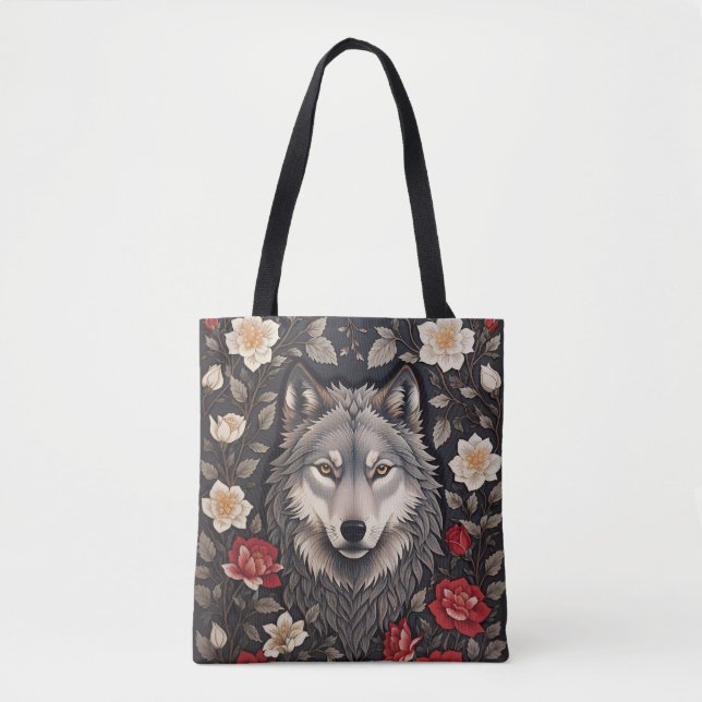 Tote Bag Élégant loup gris floral (Devant)
