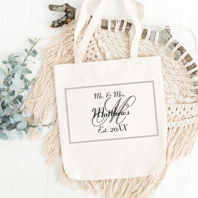 Tote Bag Élégant M. et Mme Nom Mariage noir (Elegant Mr and Mrs Name Black Wedding Tote Bag
)