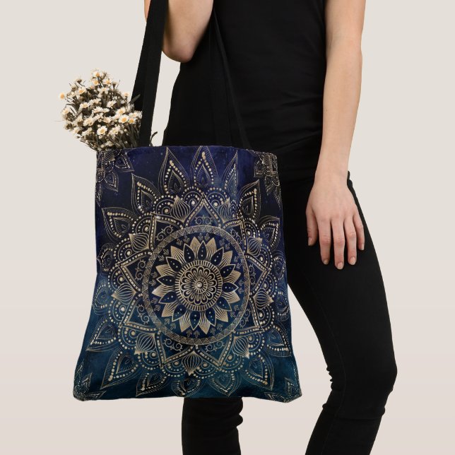 Tote Bag Elégant Mandala Gold Blue Galaxy (De près)