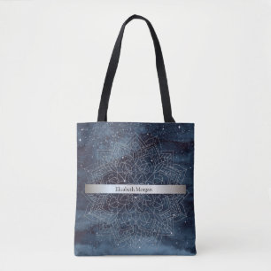 Tote Bag Élégant mandala moderne argenté rayure bleu marine