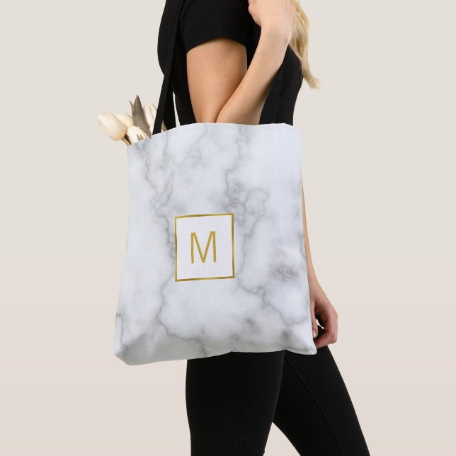 Tote Bag Elégant Marbre blanc Look Faux Gold Monogramme (De près)