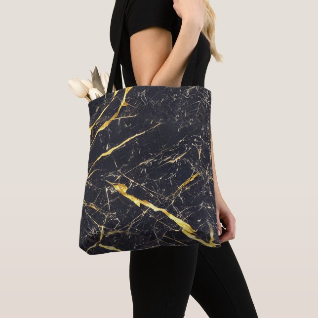 Tote Bag Elégant marbre noir et or Faux (De près)