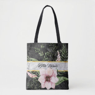 Tote Bag Élégant Marbre Noir Rose Floral Avec Nom