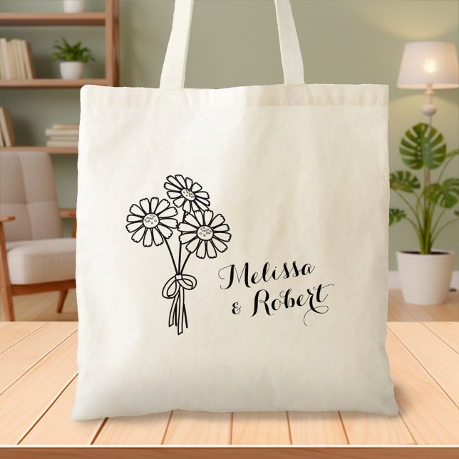 Tote Bag Élégant marguerites florales Mariage Monogramme (Créateur téléchargé)