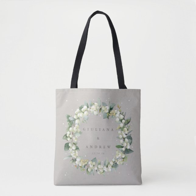 Tote Bag Elégant Mariage d'hiver Greige Snowberry+Eucalyptu (Devant)