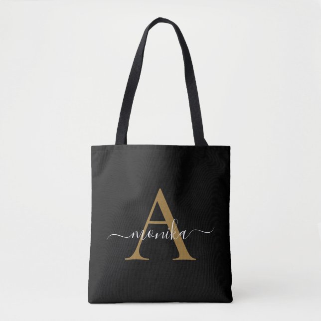 Tote Bag Élégant minimal Noir Monogramme Nom initial (Devant)