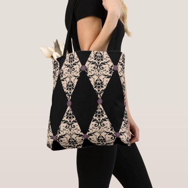 Tote Bag Élégant Modèle Damas rose Et Diamant Noir (De près)