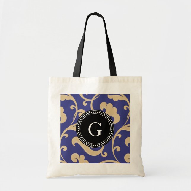 Tote Bag Élégant modèle floral bleu girly monogramme (Devant)
