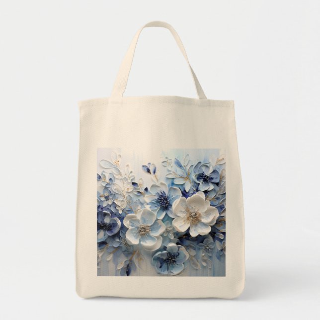Tote Bag Élégant Moderne Fleur Botanique Bleu Blanc (Devant)