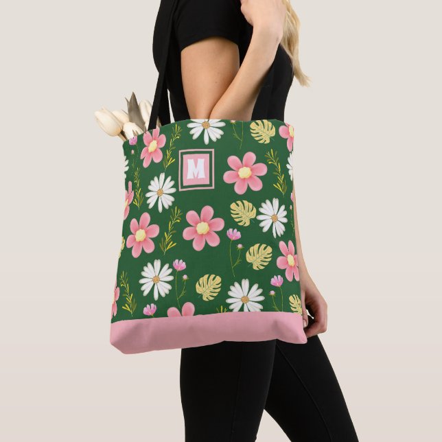 Tote Bag Élégant Moderne Floral Vert Rose (De près)